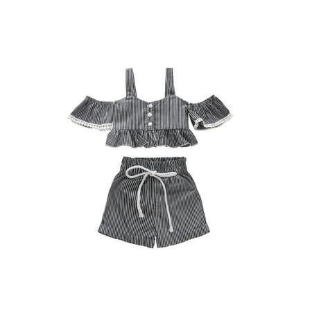Calsunbaby Baby Girls Summer Outfits Striped Off Shoulder Short Sleeve Ruffle Button Tops Drawstring Elastic Shorts Set
Calsunbaby Baby Girls Summer Outfits Striped Off Shoulder Short Sleeve Ruffle Button Tops Drawstring Elastic Shorts Set