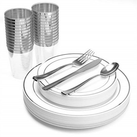 silver rim disposable plastic plates, with silver cups, spoons, forks & knives, elegant 150 piece dinnerware set for wedding or party