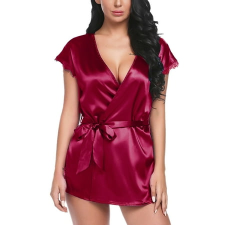 Mishuowoti Women Satin Nightdress Silk Lace Lingerie Nightgown Sleepwear Sexy Night Gown
