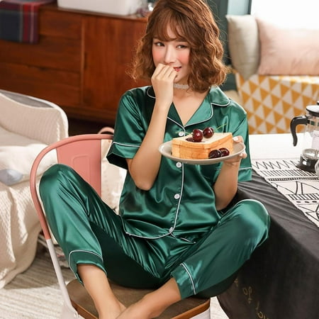 Spring Summer Ice Silk Loungewear Set For Women Short Sleeve Shirt With Long Pants Nightwear Soft 2 Piece Set Sleepwear Pajamas
Spring Summer Ice Silk Loungewear Set For Women Short Sleeve Shirt With Long Pants Nightwear Soft 2 Piece Set Sleepwear Pajamas