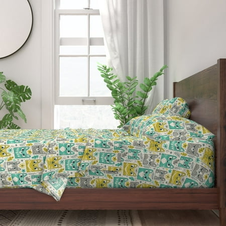 Tiki Retro Cat Tropical Cute Summer 100% Cotton Sateen Sheet Set by Roostery
