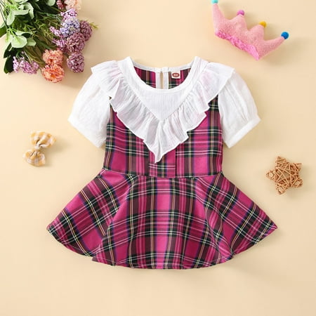 Huilaibazo Girls Dress Toddler Kids Girls Cute Red Plaid Short Puff Sleeve Princess Dress