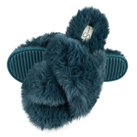Jessica Simpson Womens Cross Band Plush Memory Foam Slide Slipper (Green Size Small (6-7))