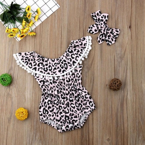 Cute Baby Girls Leopard Romper Bodysuit Jumpsuit Outfit with Headband Sleeveless