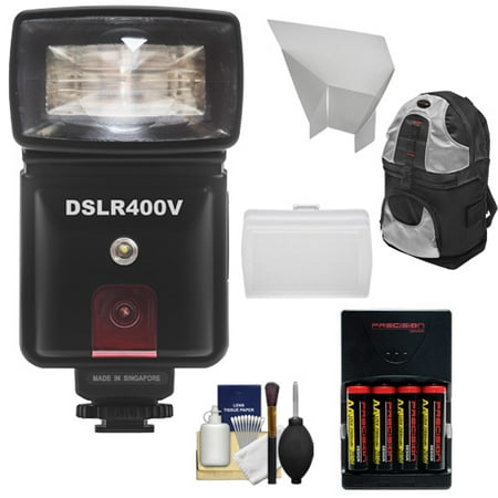 Precision Design DSLR400V High Power Auto Flash with LED Video Light + Batteries & Charger + Reflectors + Backpack Kit for Canon EOS 6D, 7D, 80D, 5D Mark II III, Rebel T5, T5i, SL1, T6, T6i, T6s