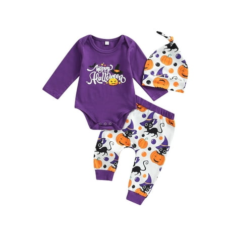 

ZIYIXIN Newborn Baby Boy Girl Halloween Clothes Pumpkin Ghost Bodysuit Tops and Pants with Hat 3 Piece Outfits Purple 18-24 Months