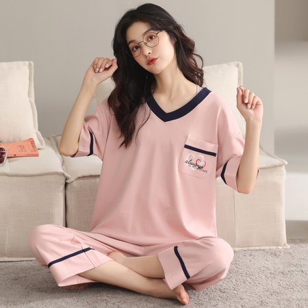 QWZNDZGR Summer Nightwear Sets Knitted Cotton Cute Cartoon Pyjamas Sweet Casual Women’s Pajamas Short Sleeve Sleepwear Homewear Fashion