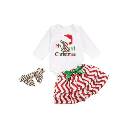 Meihuida Newborn Long Sleeve Romper + Skirt + Headband My First Christmas