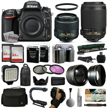 Nikon D750 DSLR Digital Camera with 18-55mm VR II + 55-200mm VR Lens + 128GB Memory + 2 Batteries + Charger + LED Video Light + Backpack + Case + Filters + Auxiliary Lenses + $50 Gift Card + More! Nikon D750 DSLR Digital Camera with 18-55mm VR II + 55-200mm VR Lens + 128GB Memory + 2 Batteries + Charger + LED Video Light + Backpack + Case + Filters + Auxiliary Lenses + $50 Gift Card + More!
