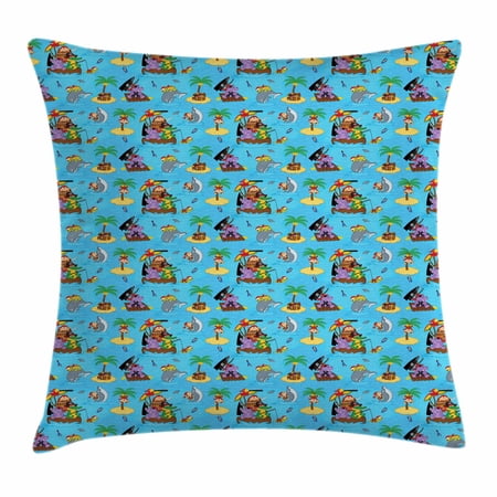 Pirates Throw Pillow Cushion Cover, Friendly and Funny Cartoon Animals Floating on Blue Sea Tropical Island Treasure, Decorative Square Accent Pillow Case, 18 X 18 Inches, Multicolor, by Ambesonne