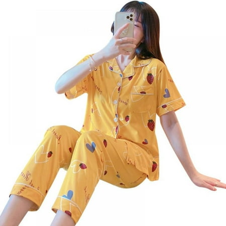 Pajamas Female Summer Cardigan Short-sleeved Trousers Cute Cartoon Sweet Large Size Loose Home Clothing Two-piece Pajamas
Pajamas Female Summer Cardigan Short-sleeved Trousers Cute Cartoon Sweet Large Size Loose Home Clothing Two-piece Pajamas