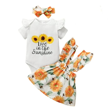 Baby Girls Outfit Short Sleeve Sunflower Print Ruffle Sleeve Letter Print Romper Top +Sunflower Print Straps Suspender Skirts+Headband 3PCS Summer Set 6-9 Months White
Baby Girls Outfit Short Sleeve Sunflower Print Ruffle Sleeve Letter Print Romper Top +Sunflower Print Straps Suspender Skirts+Headband 3PCS Summer Set 6-9 Months White