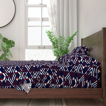 Geometric Lines Blue Triangles Tribal 100% Cotton Sateen Sheet Set by Roostery