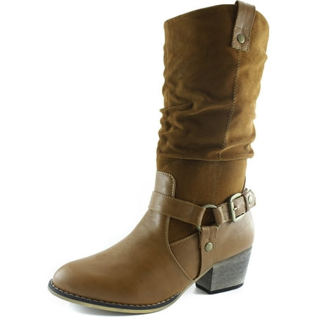 DailyShoes Women's Slouch Mid Calf Ankle Strap Buckle Style Cowboy Boots, 6