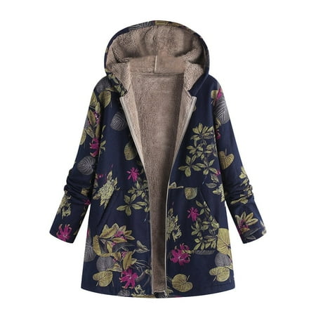 Winter Savings Clearance! Suokom Womens Winter Warm Outwear Floral Print Hooded Pockets Vintage Oversize Coats Jacket Coats Blouse Tops Fall Winter Clothes for Women