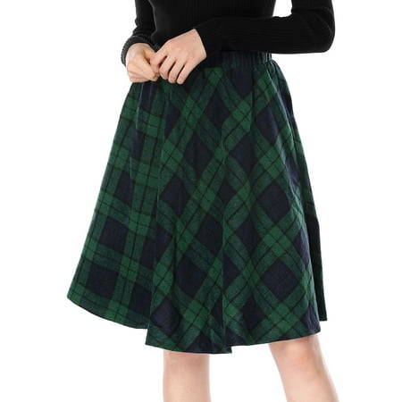 Women's Elastic Waist Knee Length Plaids Worsted A Line Skirt Green XS (US 2)