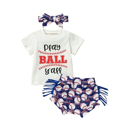 Wassery 4th of July Baby Girls Independence Day Outfits Short Sleeve Letter Print Tops + Baseball Print Tassel Shorts 2Pcs Summer Casual Clothes Set 
Wassery 4th of July Baby Girls Independence Day Outfits Short Sleeve Letter Print Tops + Baseball Print Tassel Shorts 2Pcs Summer Casual Clothes Set