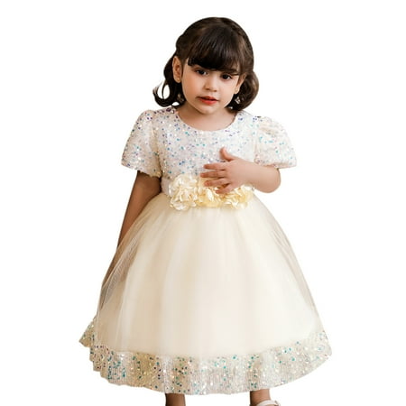 KAWELL Elegant Flower Girl Dress Sequins Baby 1st Birthday Party Wedding Dress
