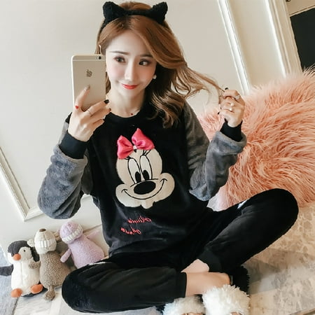 Autumn Winter Warm Flannel Women Pyjamas Sets Thick Coral Velvet Long Sleeve Cartoon Sleepwear Thin Flannel Pajamas Set