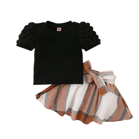 Viworld Toddler Baby Girls Casual Outfit Sets Short Sleeve Puff Sleeve Ribbed Tops + Plaid Skirt with Belt
Viworld Toddler Baby Girls Casual Outfit Sets Short Sleeve Puff Sleeve Ribbed Tops + Plaid Skirt with Belt