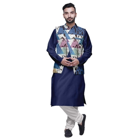 Atasi Indian Long Kurta Men Solid Kurta Pajama With Printed Nehru Jacket Set