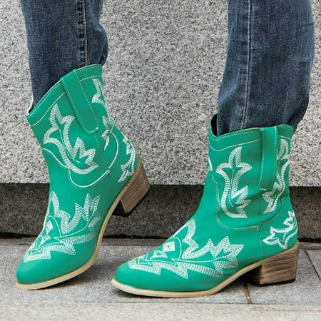 Retro Women Embroidery Square Heels Slip-On Short Booties Pointed Toe Shoes
