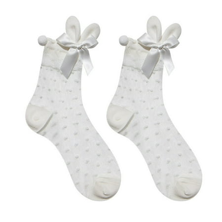 Lolita Transparent Crystal Fiber Ankle Socks Kawaii Bunny Ears Bow Lace Hosiery
