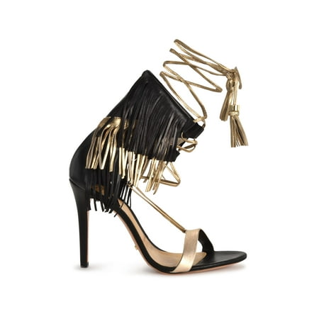 Schutz Maira Black Suede Gold Leather Tassel & Fringe Dress Sandals (5.5)
