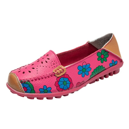 Women s Comfortable Leather Hollow Printed Flat Casual Loafers Single Shoes