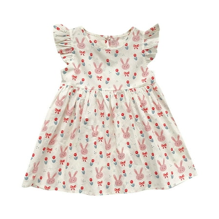 

Rovga Casual Dresses For Girls Cute Bunny And Floral Pattern Dress Flutter Sleeve Sundress British Country Style Casual Summer Dress For 1 To 9Y Party Birthday Girl Dress