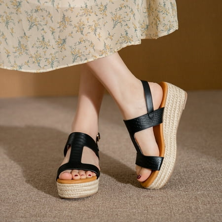 

XIAQUJ Fashion Women Summer Weave Comfortable Wedges Shoes Beach Buckle Strap Open Toe Breathable Sandals Sandals for Women Black 6.5-7(37)