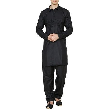 Royal Kurta Men s Cotton Linen Pathani Kurta And Salwar Set (38 Black-1)