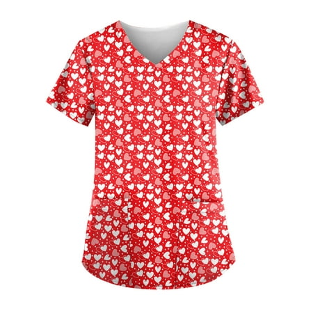 

XHJUN Womens Scrub Tops Plus Size Valentine s Day Nurse Uniform Queen Of Hearts Print V Neck Nurse Shirts Red XXXXL