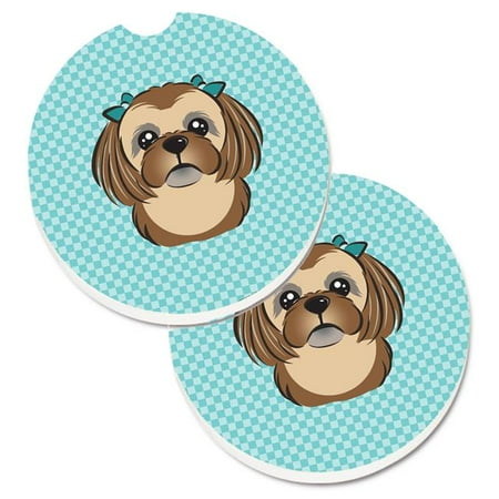 Checkerboard Blue with Chocolate & Brown Shih Tzu Set of 2 Cup Holder Car Coaster