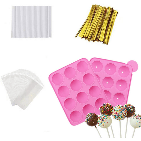 

HYCSC 12 Capacity Silicone Lollipop Mold Set Sucker Molds and Chocolate Hard Candy Mold with 60pcs Lollipop Sucker Sticks Candy Treat Bags Gold Ties. (12 Cavity Cake Pop)