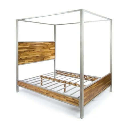 Eatha Industrial Solid Acacia Wood Queen Size Canopy Bed with Finished Iron Accents, Natural Stained and Grey Metal