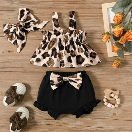 PatPat Leopard Top and Bowknot Shorts with Headband Set for Baby Girl 3-Piece