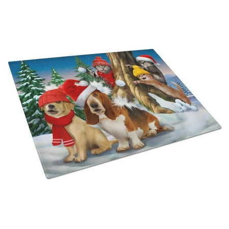 Basset Golden & Cats Snowball Fight Glass Cutting Board - Large