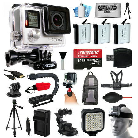 GoPro HERO4 Hero 4 Black Edition 4K Action Camera Camcorder with 64GB MicroSD, 3x Battery, Charger, Backpack, Chest Harness, Handle, Tripod, Car Mount, LED Light, Helmet Strap, Cleaning Kit (CHDHX-401)