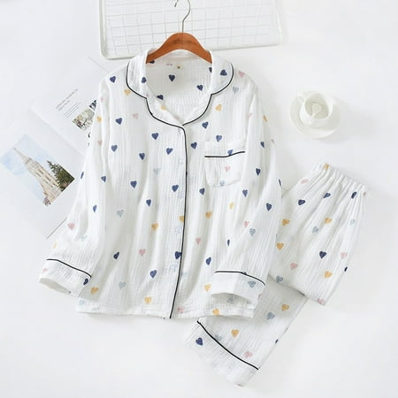 Spring New Ladies Pajamas Set Heart Printed Crepe Cotton Double-layer Gauze Turn-down Collar Long-sleeve Trousers Household Wear
Spring New Ladies Pajamas Set Heart Printed Crepe Cotton Double-layer Gauze Turn-down Collar Long-sleeve Trousers Household Wear
