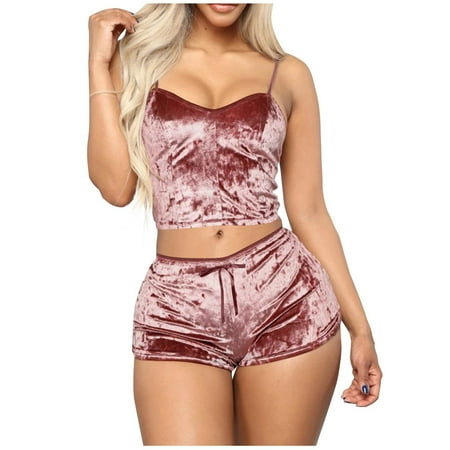 DENGDENG Womens Sexy V Neck Shorts Sleeveless Pajamas Set Velvet Cami Top
