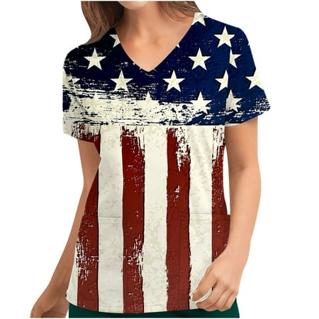 4th of July Shirts for Women Summer Vintage American Flag Print Short Sleeve V Neck Scrubs Tops Nurse Working Uniforms with Pockets
4th of July Shirts for Women Summer Vintage American Flag Print Short Sleeve V Neck Scrubs Tops Nurse Working Uniforms with Pockets