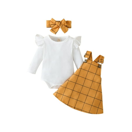 Frobukio 3Pcs Baby Girls Skirt Sets O-Neck Long Sleeve Romper + Plaid Suspender Skirt + Headband Clothes Outfits Yellow 3-6 Months
Frobukio 3Pcs Baby Girls Skirt Sets O-Neck Long Sleeve Romper + Plaid Suspender Skirt + Headband Clothes Outfits Yellow 3-6 Months