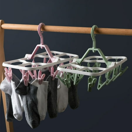 Foldable Clip and Drip Hanger with 16 Clips Hanging Drying Rack Plastic Laundry Sock Drying Hanger for Towel Bra Baby Clothes