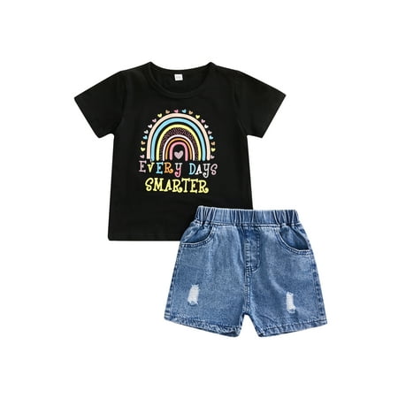 aturustex Toddler Girl Outfit Casual Short Sleeve Tops + Denim Shorts Rainbow Letter Print Round Neck Summer Clothing
aturustex Toddler Girl Outfit Casual Short Sleeve Tops + Denim Shorts Rainbow Letter Print Round Neck Summer Clothing