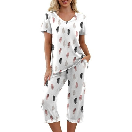 Womens Summer Pajamas Set Casual Short Sleeve V Neck Tops and Capri Pants with Pockets Sleepwear Pjs Loungewear
Womens Summer Pajamas Set Casual Short Sleeve V Neck Tops and Capri Pants with Pockets Sleepwear Pjs Loungewear