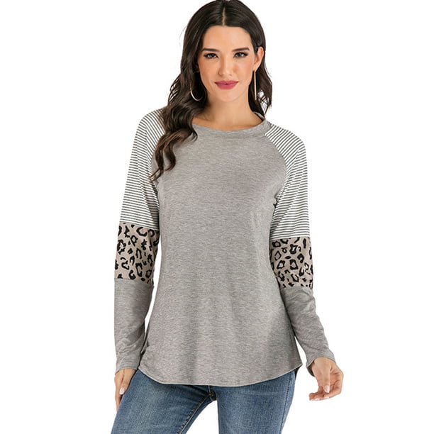 LELINTA Women's Long Sleeve Shirts Striped Loose Irregular T-shirts Blouses Top Khaki Plus Size S-2XL