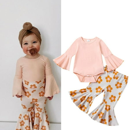 Baby Girls Autumn Clothes Sets 2pcs Long Flared Sleeve Solid Romper Floral Flared Pants Sets