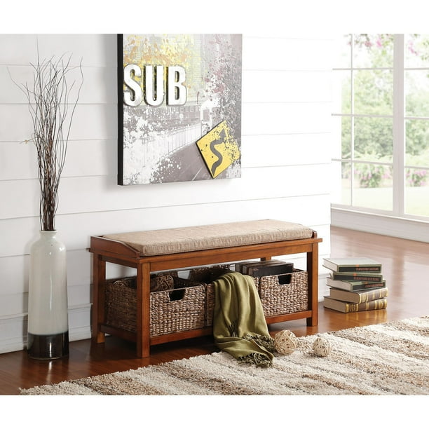 ACME Letha Storage Bench, Light Brown Microfiber & Walnut