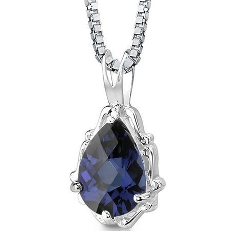 Peora 2.25 Ct Pear Shape Created Blue Sapphire Rhodium-Plated Sterling Silver Pendant, 18